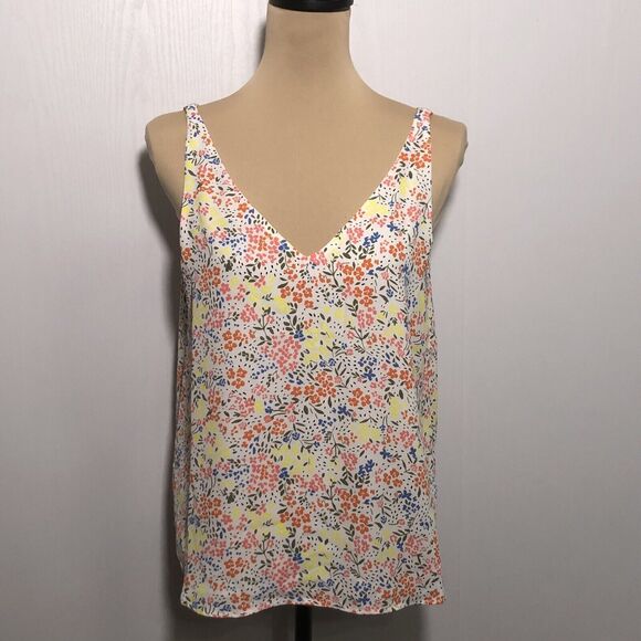 LOFT  BLOUSE Womens Small White Orange Yellow Floral SLEEVELESS Double V NECK - Picture 1 of 11